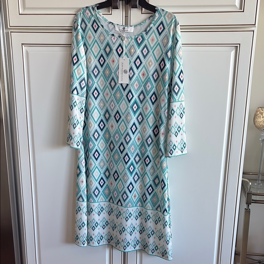 NWT Jean-Pierre Klifa Geometric Dress in Blues, teals& whites